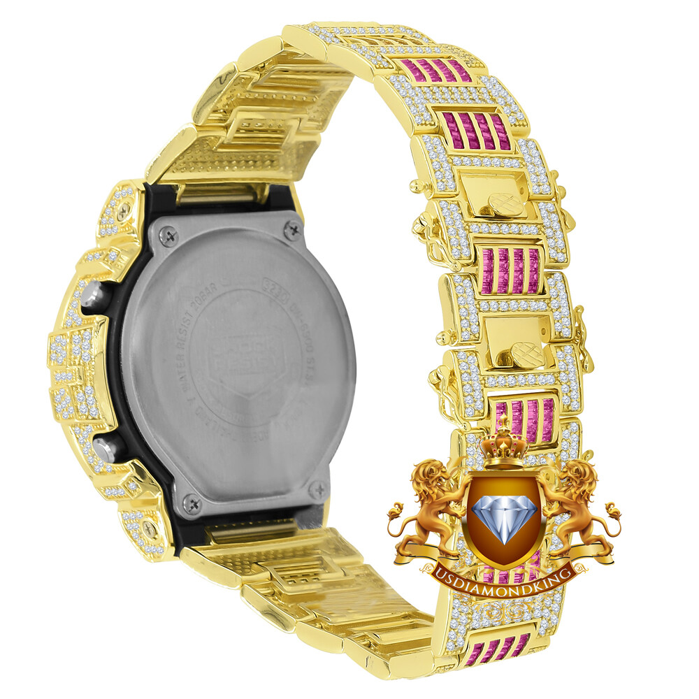 Pre-owned Usdiamondking Baguette Pink Tourmaline Gold Tone Casio Shock Authentic Dw-6900 Custom Watch