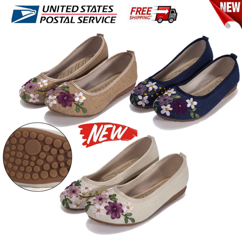 Womens Shoes Embroidered Chinese Style Flats Ballet Crafts Non-slip Casual Shoes