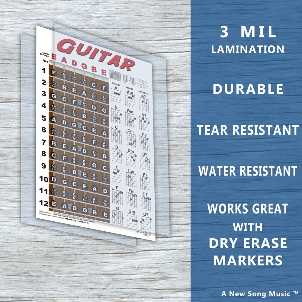 LAMINATED Guitar Fretboard Chord Chart Instructional Poster Beginner Chords 