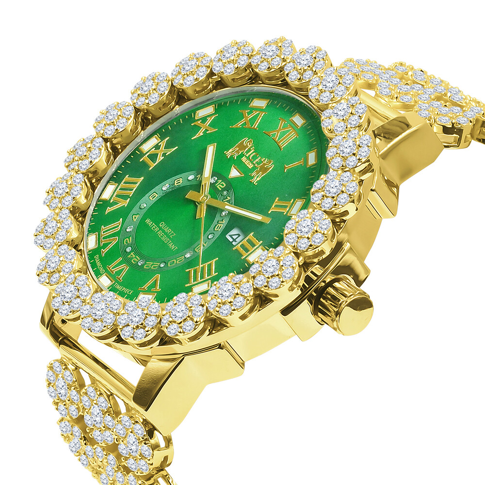 Pre-owned Icy Mens Emerald Green Real Diamond Roman Dial Flower Band Bezel Gold Tone Watch