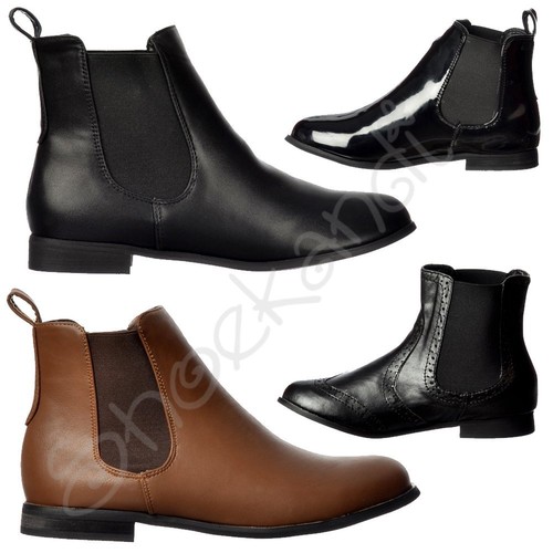Womens Wohnung klassischen Chelsea Stiefelette elastische Seiten Patent schwarz braun Größe Womens Wohnung klassischen Chelsea Stiefelette elastische Seiten Patent schwarz braun Größe