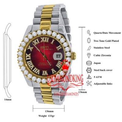Pre-owned Bling Master 18k 2 Tone Gold Solid Steel Red Dial Simulated Diamond Presidential Mens Watch
