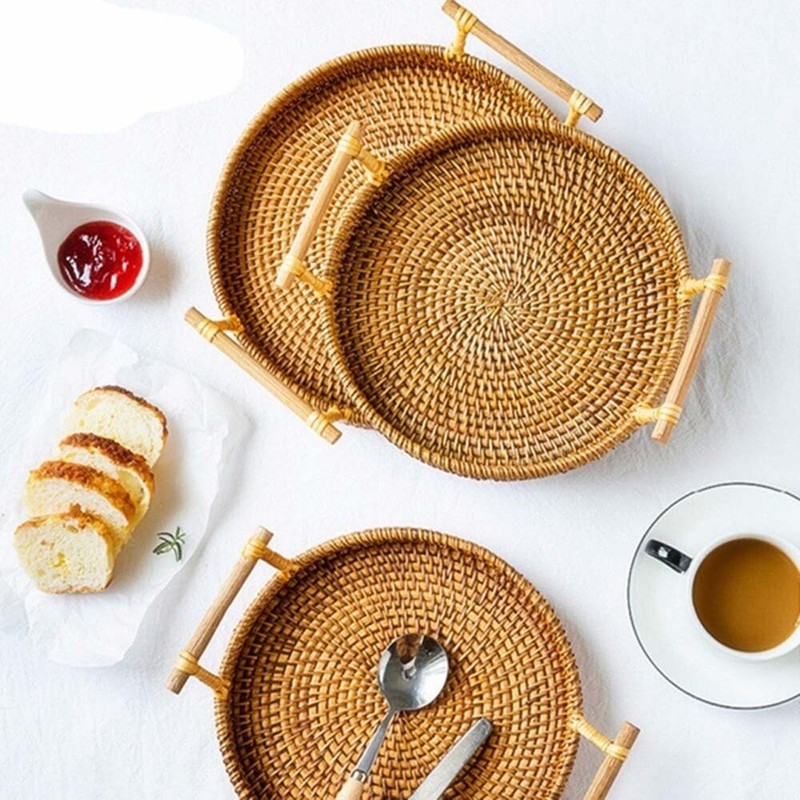 Runder Rattan-Brotkorb gewebtes Teetablett mit Griffen Home Decor