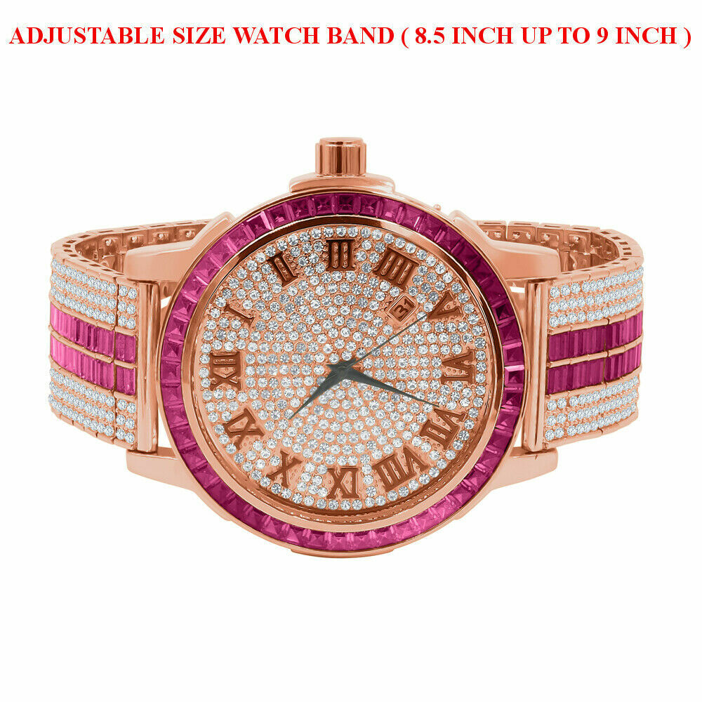 Pre-owned Ice House Roman Numerals Dial Pink Tourmaline Solid Steel Baguette Bezel Custom Band Watch