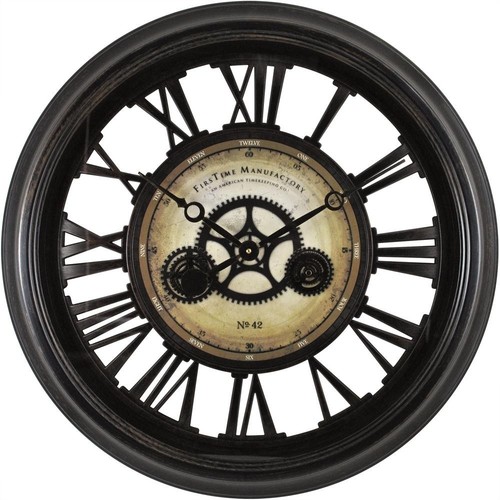 24 inch Large Round Moving Gears Wall Clock Open Roman Numerals Analog Bronze