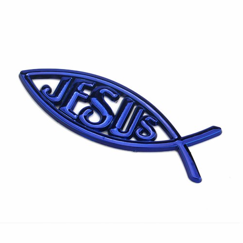 Blue Jesus Fish Symbol 3D Logo Car Emblem Badge Decal