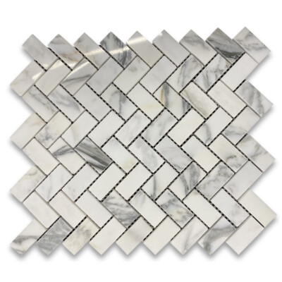 L71XP 1x2 Herringbone Statuary Statuario White Marble Mosaic Tile Polished