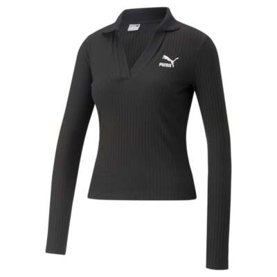 

Puma Classics Ribbed VCollar Футболка с длинным рукавом Женские черные повседневные топы 5380550, Черный