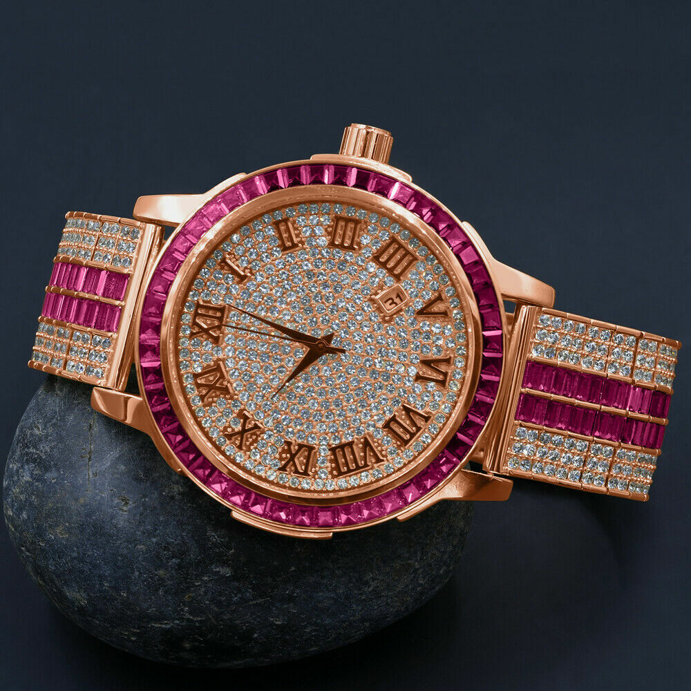 Pre-owned Ice House Roman Numerals Dial Pink Tourmaline Solid Steel Baguette Bezel Custom Band Watch