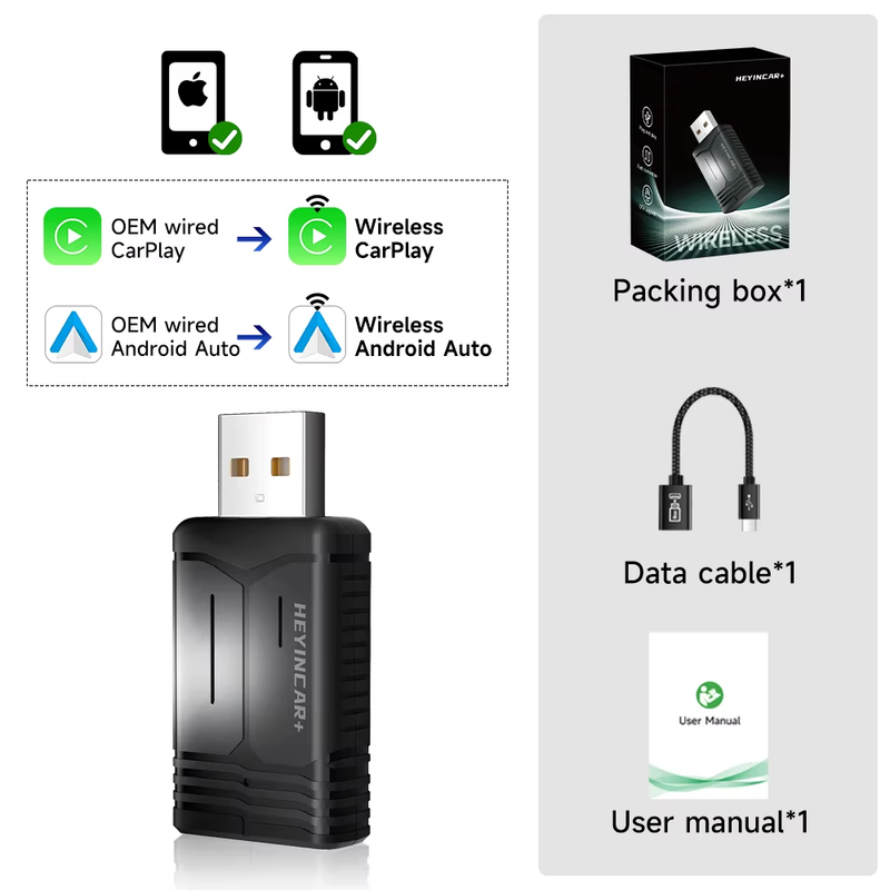 2025 HEYINCAR 2-in-1 Wireless Android Auto & CarPlay Adapter