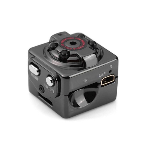 Mini cube-shaped black camera with USB port.