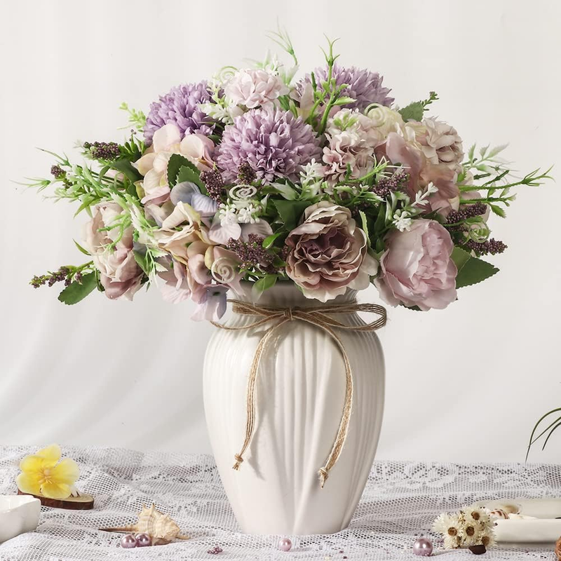 Peonies Artificial Flowers in Vase, Fake Hydrangea Silk Peony Flower Bouquet wit