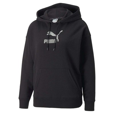 

Puma Brand Love Metallic Logo Pullover Hoodie Womens Black Casual Athletic Outer, Черный, Puma Brand Love Metallic Logo Pullover Hoodie