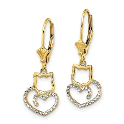 Pre-owned Superdealsforeverything Real 14kt & White Rhodium Diamond Cut Cat Heart Leverback Earrings