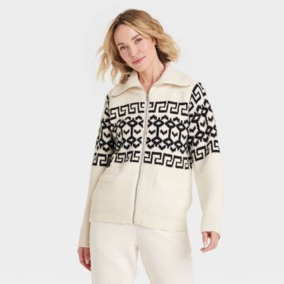 Womens Zip-Up Cardigan - Universal Thread Cream Zig Zag M