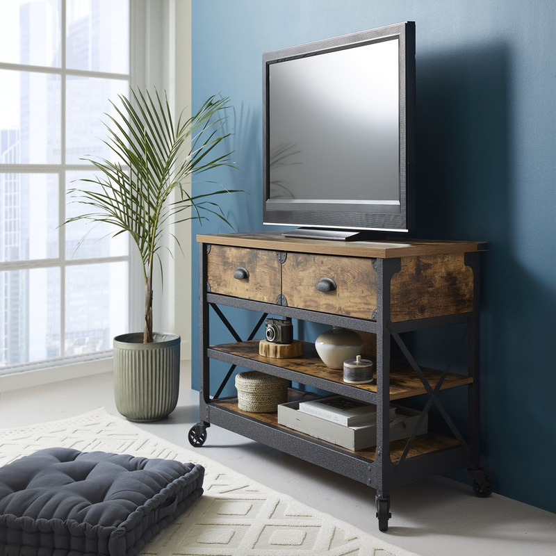 Rustic Table Console Media Cabinet Pine Metal Living Room Wo