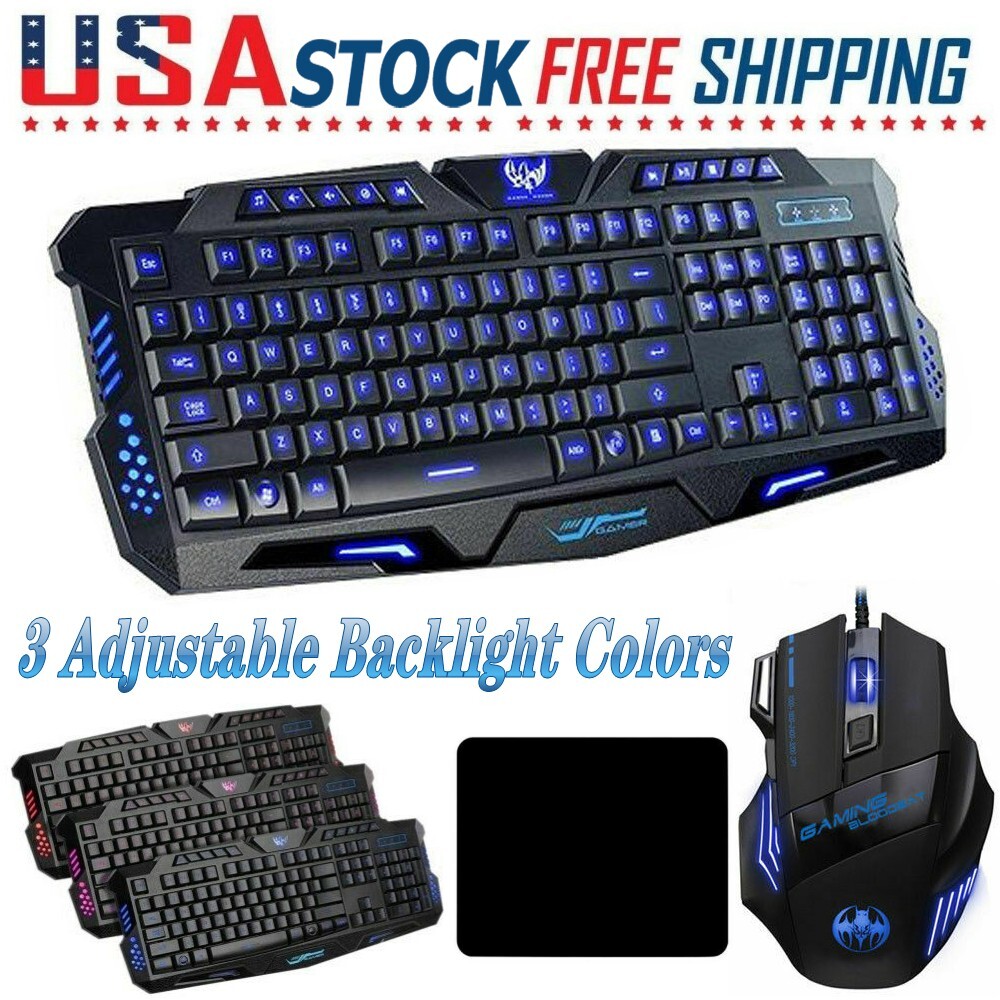 LED Backlit Illuminated Gaming Keyboard Colorful Optical Mouse Combo Set Holder
