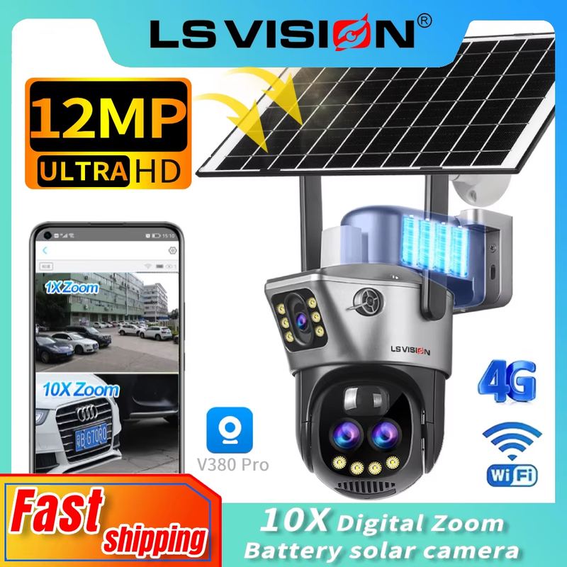 10X Zoom 4G Wifi Solar Camera Surveillance Outdoor 12MP Three Lens 360° PIR Moti