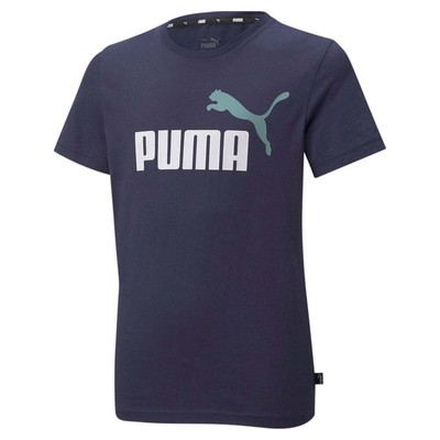 Футболка Puma Ess+ 2 Col Logo с круглым вырезом и короткими рукавами, синие повседневные топы для молодежных мальчиков