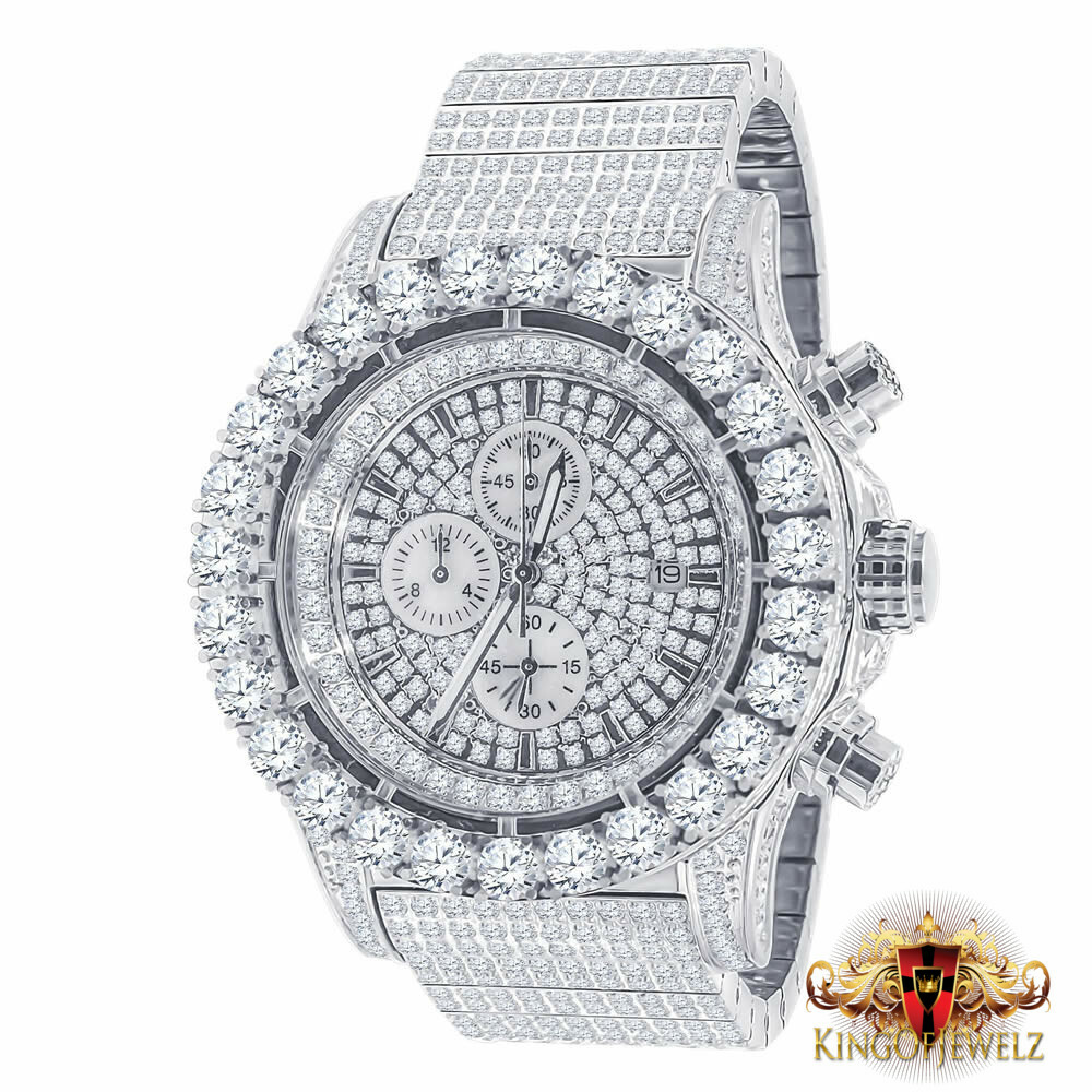 Pre-owned Blingmaster Solid Stainless Steel White Gold Tone Simulated Diamond 10 Row Band Watch 48mm