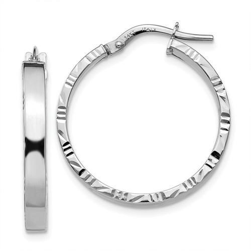 Pre-owned Accessories & Jewelry Italian 14k White Gold High Polished 3mm X 25mm Diamond Cut Edge Hoop Earrings