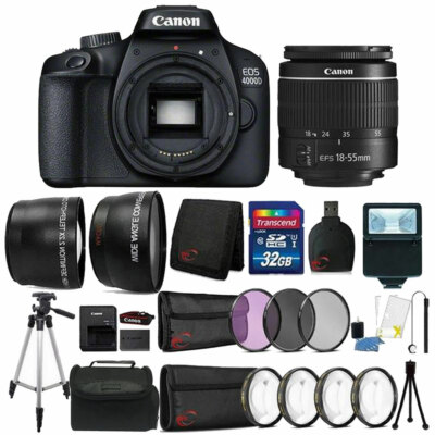 Canon EOS 4000D Rebel T100 18MP Digital SLR Camera + 18-55mm Lens + 32GB Bundle