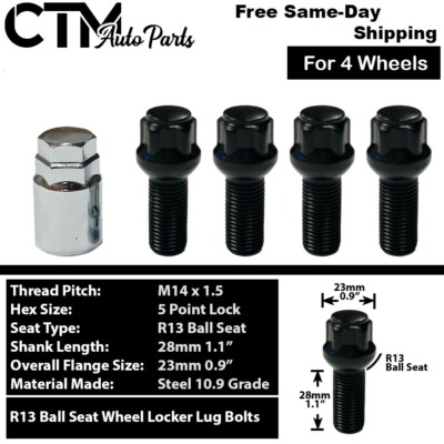 4x Black 14x1.5 Ball Seat Wheel Lock Bolts 28mm Shank Fit Mercedes Stock Wheels