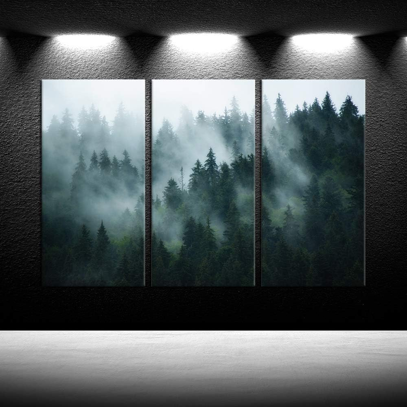 Natural Wall Art Paintings Photographic Artworks Dark Tree Misty Landscape with Fir Forest in Hipster Vintage Retro Style Pictures Wrapped Canvas for Home Decoration 16X32Inchx3Pcs