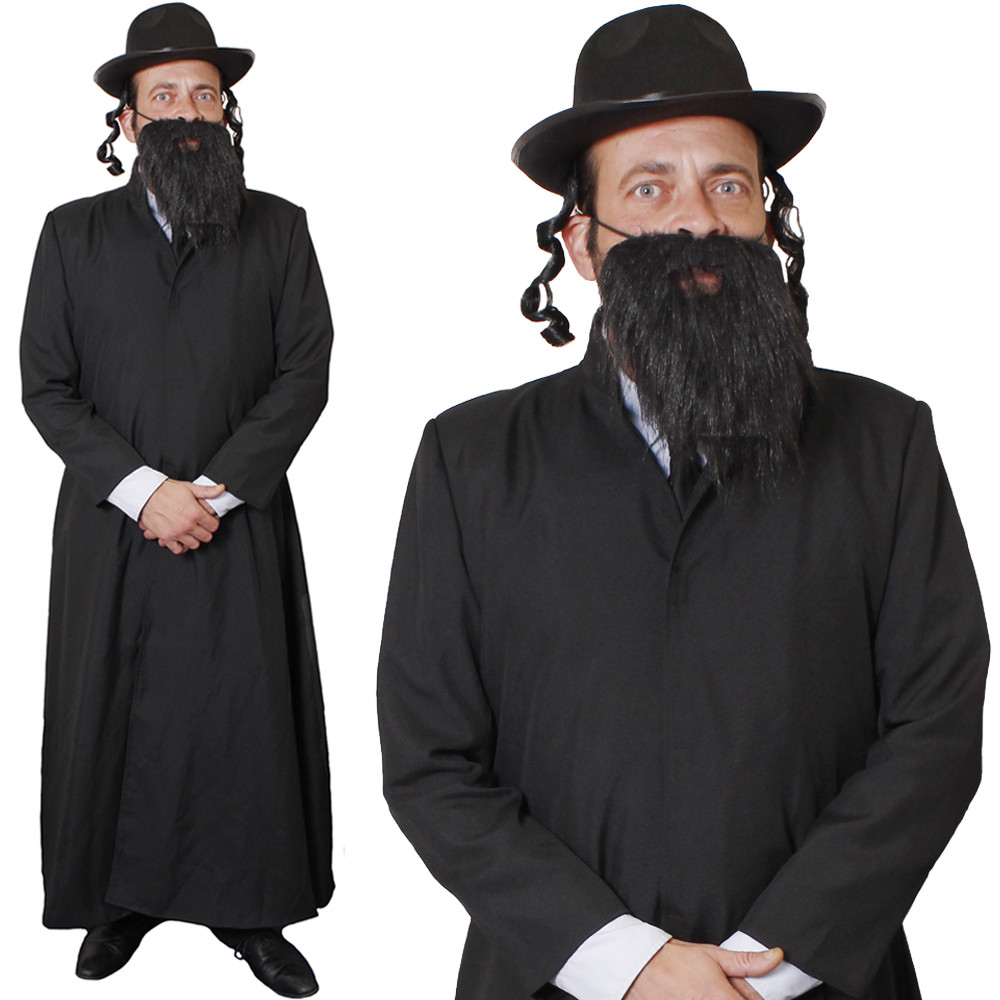 MENS RABBI COSTUME LONG COAT HAT WITH SIDEBURNS BEARD JEWISH FANCY