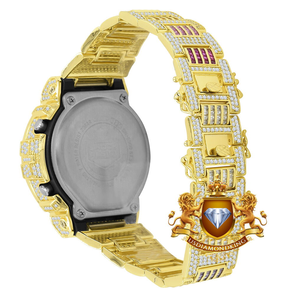 Pre-owned Usdiamondking Baguette Rainbow Multi Gold Finish Casio Shock Authentic Dw-6900 Custom Watch