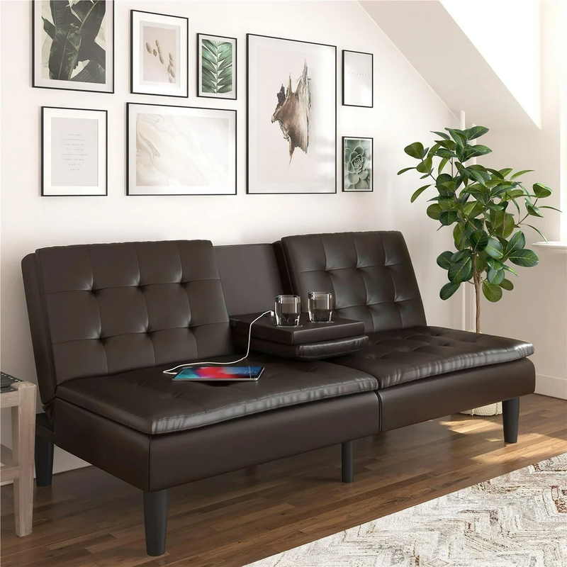 Memory Foam Futon with Cupholder and USB, Dark Brown Faux Le