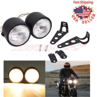 Black Twin Headlight Motorcycle Double Dual Lamp Street Fighter Universal 4.5 US