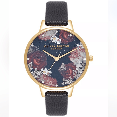 NWT OLIVIA BURTON Women s Winter Blooms Black Leather Strap Watch 30mm