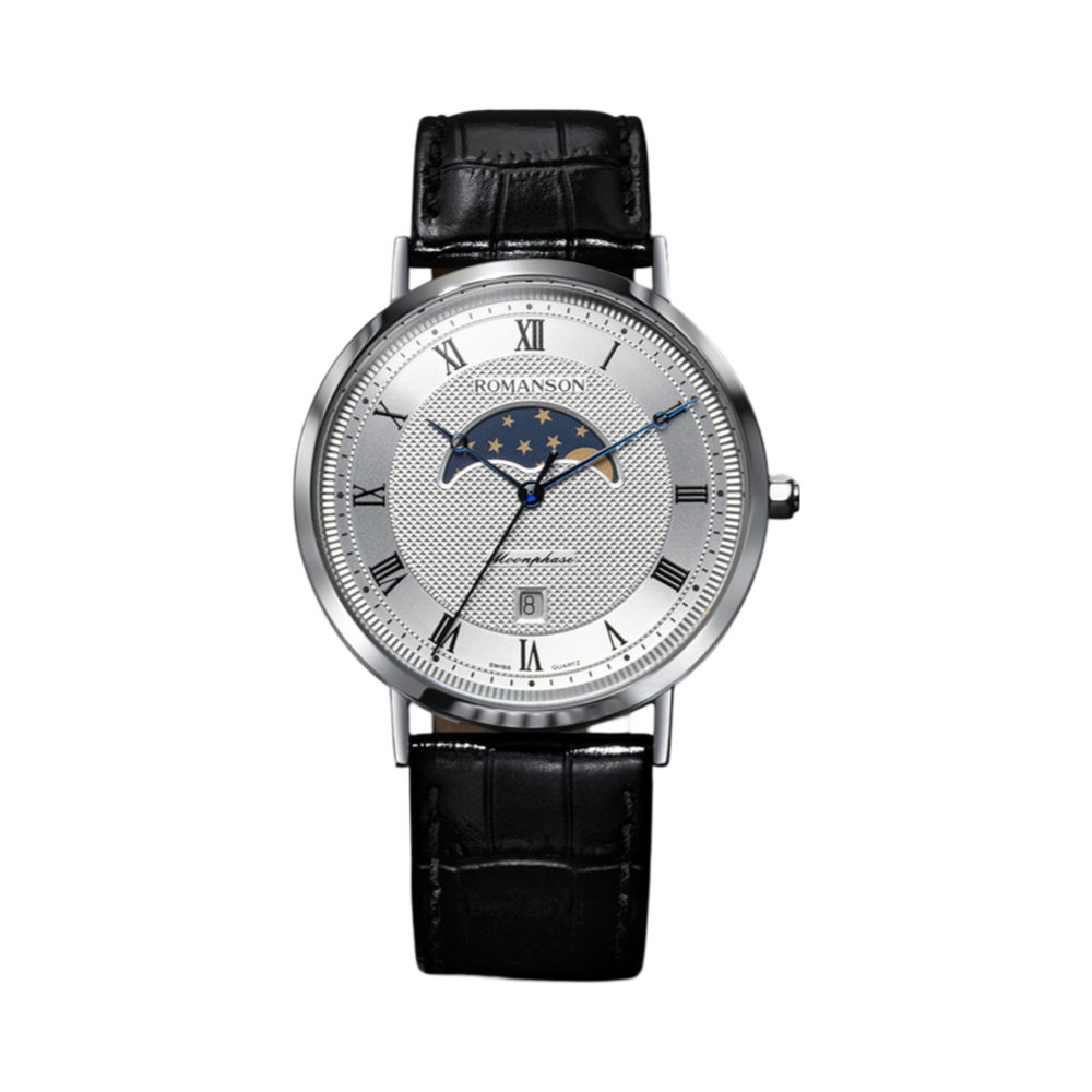 ROMANSON ROMANSON KAIROS CLASSIC MOON PHASE LEATHER WATCH RWTLFM1B2400WHSI0