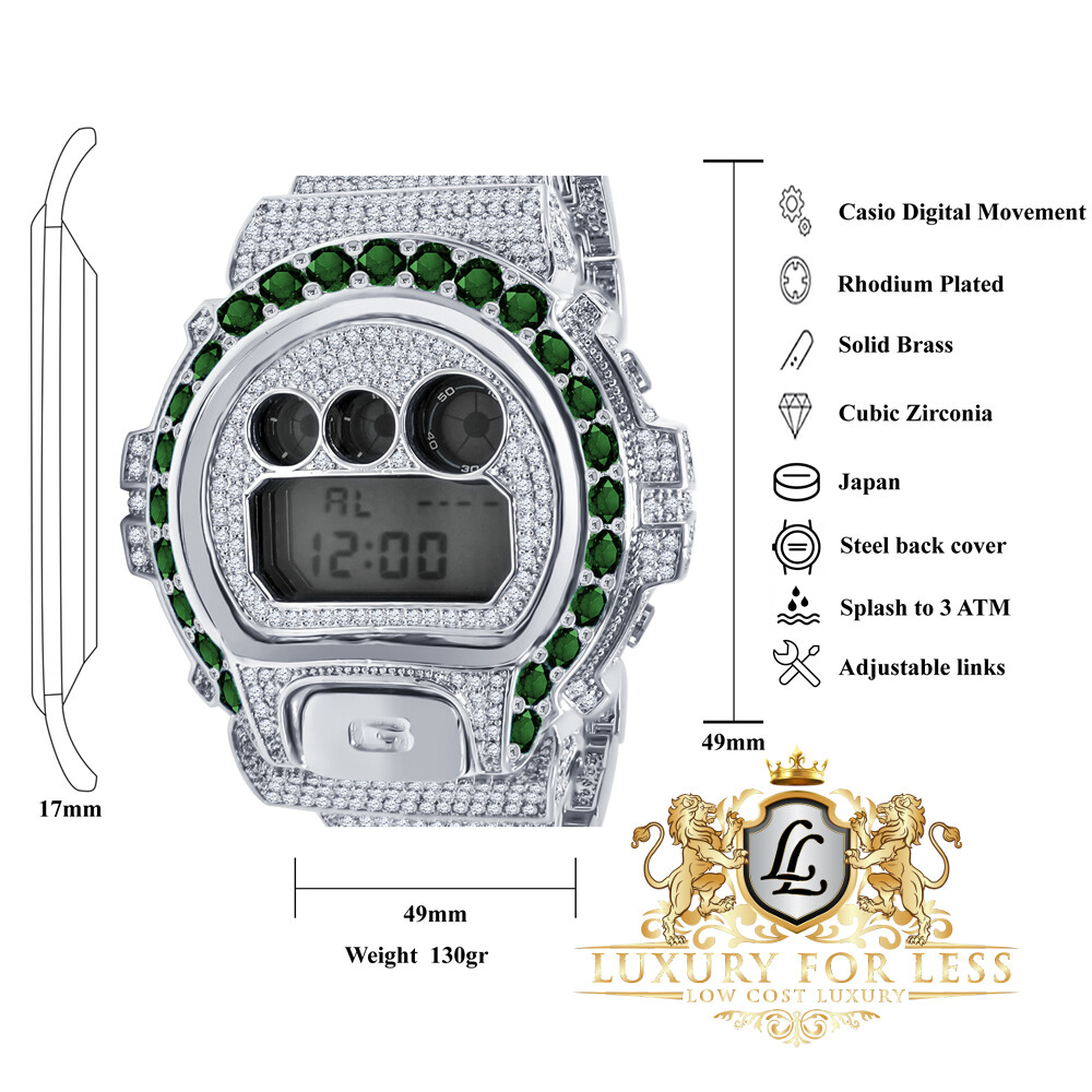 Pre-owned Casio Mens Solitaire Emerald Green White Gold Finish  G-shock Dw6900 Custom Watch