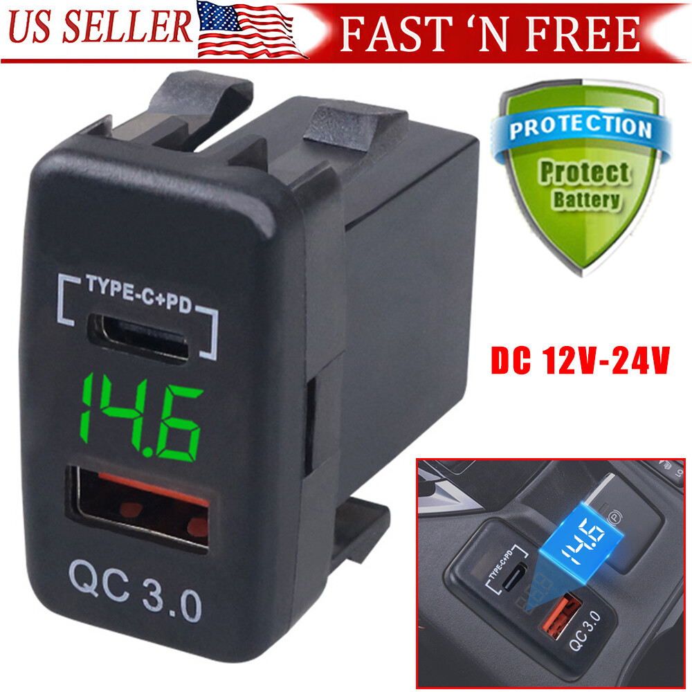 Green LDE Type-C QC3.0 Port Voltmeter USB Car Charger Socket