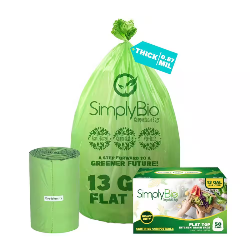 Compostable Trash Bags 13 Gal Flat Top Eco Friendly HeavyDuty Biodegradable 50ct