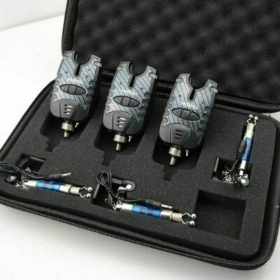 Set of 2 or 3 Carp Fishing Bite Alarm & illuminated Swingers, Blue LED's, Jacks,