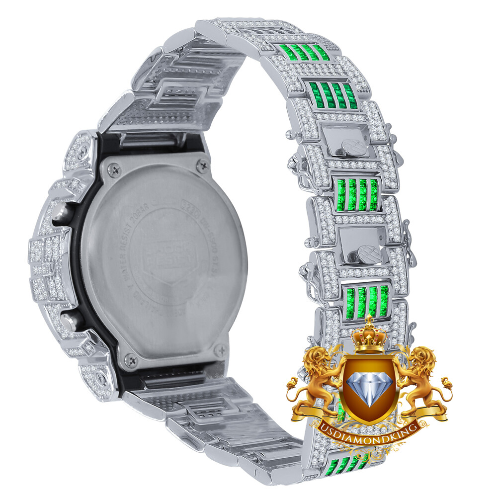 Pre-owned Usdiamondking Baguette Green Emerald White Gold Casio Shock Authentic Dw-6900 Custom Watch