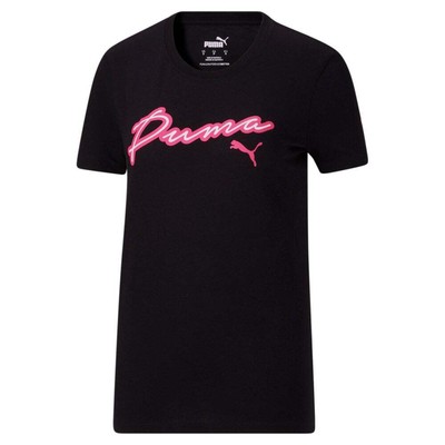

Puma Cursive Cf Graphic Crew Neck Футболка с коротким рукавом Женские черные повседневные топы, Черный