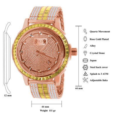 Pre-owned Ice House Canary Solid Steel Bezel Watch Rose Gold Real Diamond Dial Custom Band W/date
