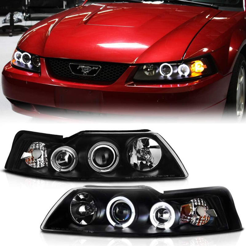 LED Halo Ring Black Housing Projector Headlights for 1999-2004 Ford Mustang
