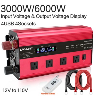 3000W DC 12V to AC 110V Power Inverter Converter With 4USB 4AC Remote Control