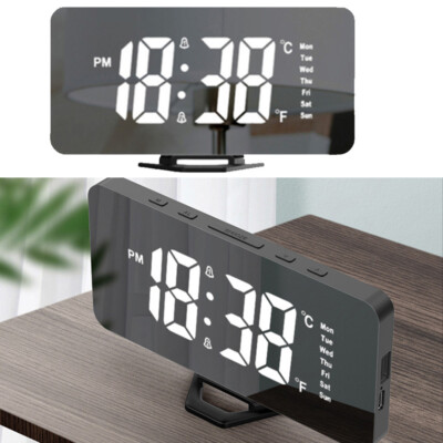 Digital LED Desk Mirror Alarm Clock Snooze Auto Brightness 6.5'' USB Charger US