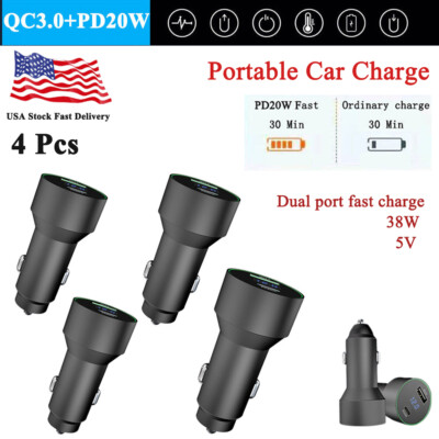 4Pcs Car Charger Quick Charge USB-A Type-C For iPhone Android PD QC 3.0 Fast 5V