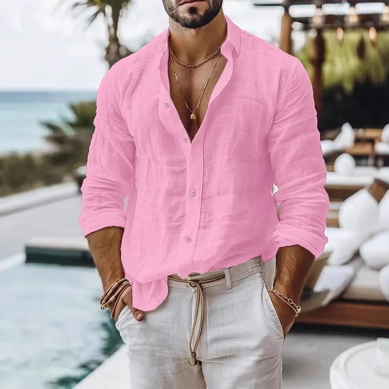 Cotton Linen Shirt for Men Summer Beach Style Solid Color Single Breasted Breath