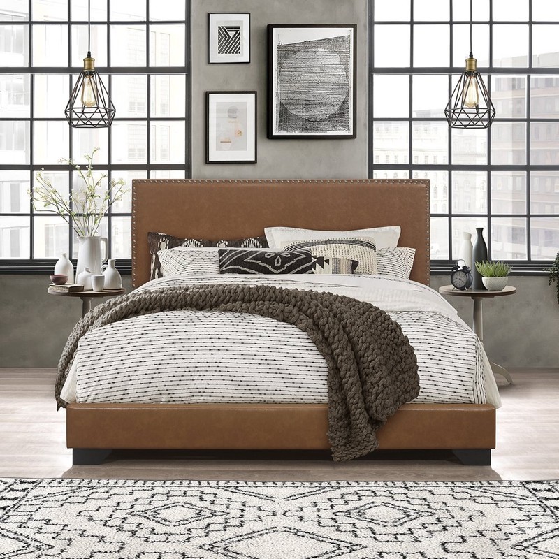 King Size Upholstered Bed Frame with Wood Slats Saddle Brown Faux Leather New