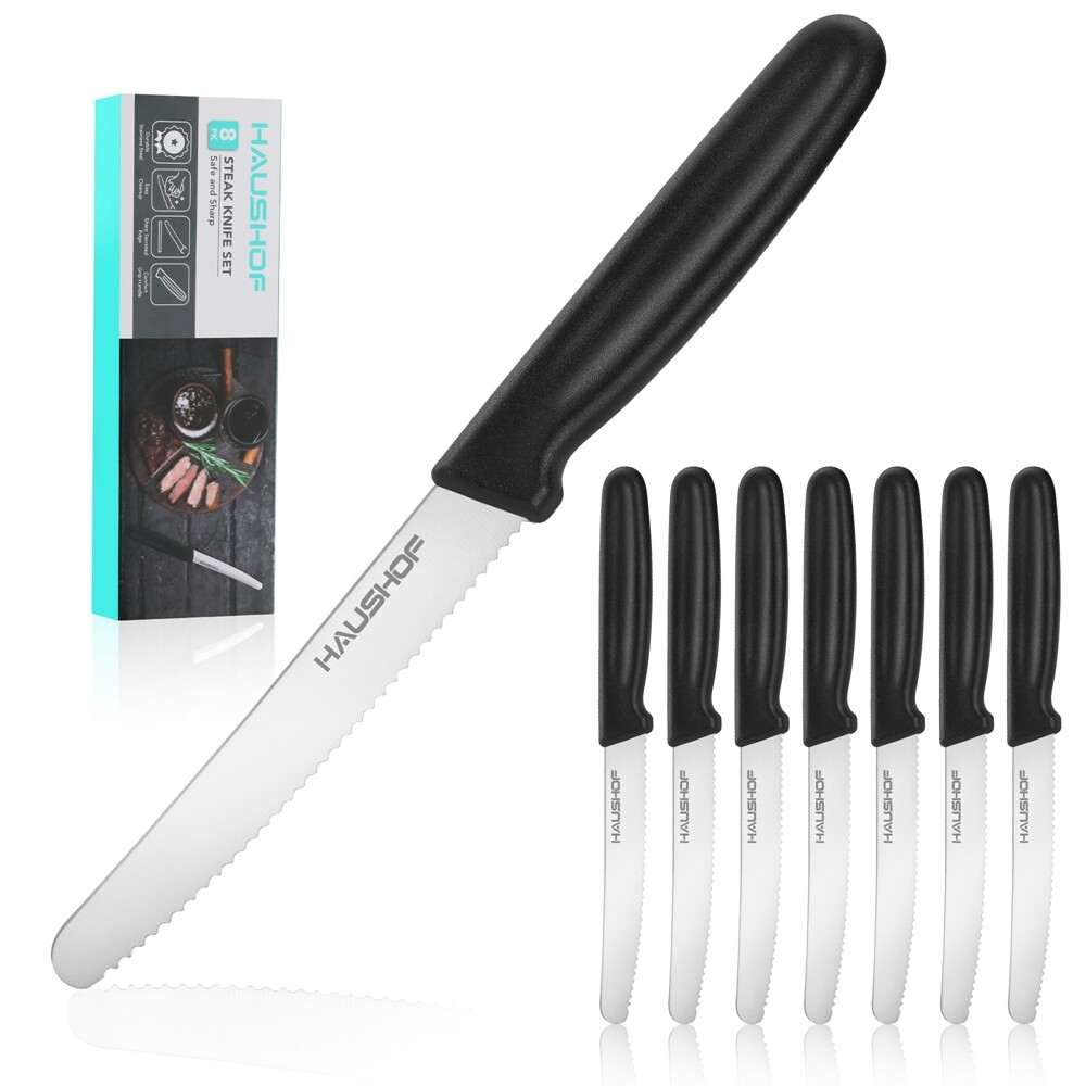 HAUSHOF 8PC Steak Knife Set Stainless Steel Serrated Steak Knives Set w/Gift Box