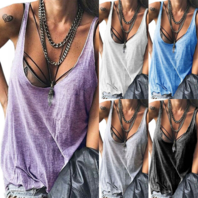 Women Low Cut Vest Tank Top Ladies Casual Loose Solid Sleeveless T Shirt  Blouse