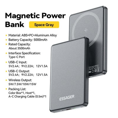 Essager Thin Wireless Power Bank Magnetic 20W 5000mAh Portable Fast Charging Ext